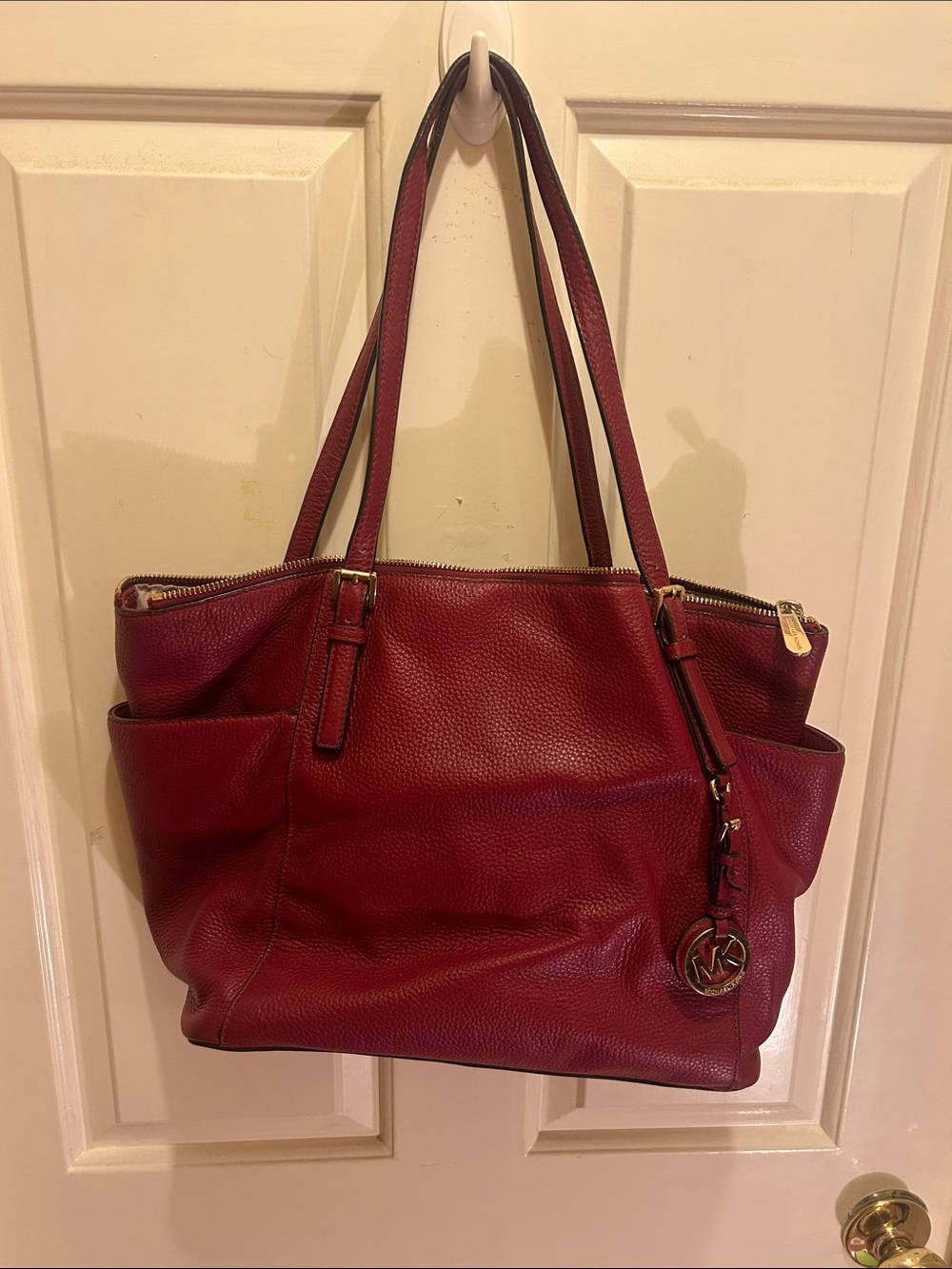 Michael Kors Burgundy Pebbled Leather Tote with Gold-Tone Hardware